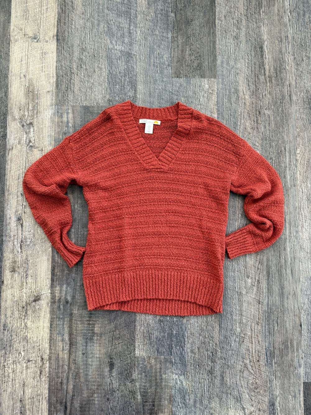 C&C California Sweater M Rust Orange Cotton V Neck Textured Knit